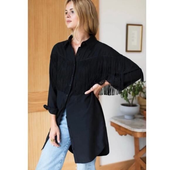 Emerson Fry Fringe Shirtdress In Black Tencel Button Front Pockets Size Small - Picture 8 of 15